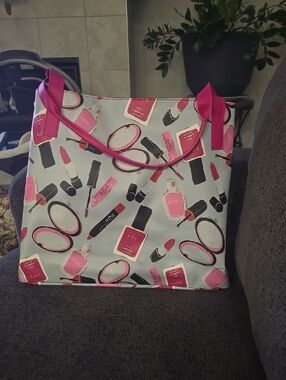 The NEW Boutique Pink Cosmetic-Print Tote with Hot Pink Handles